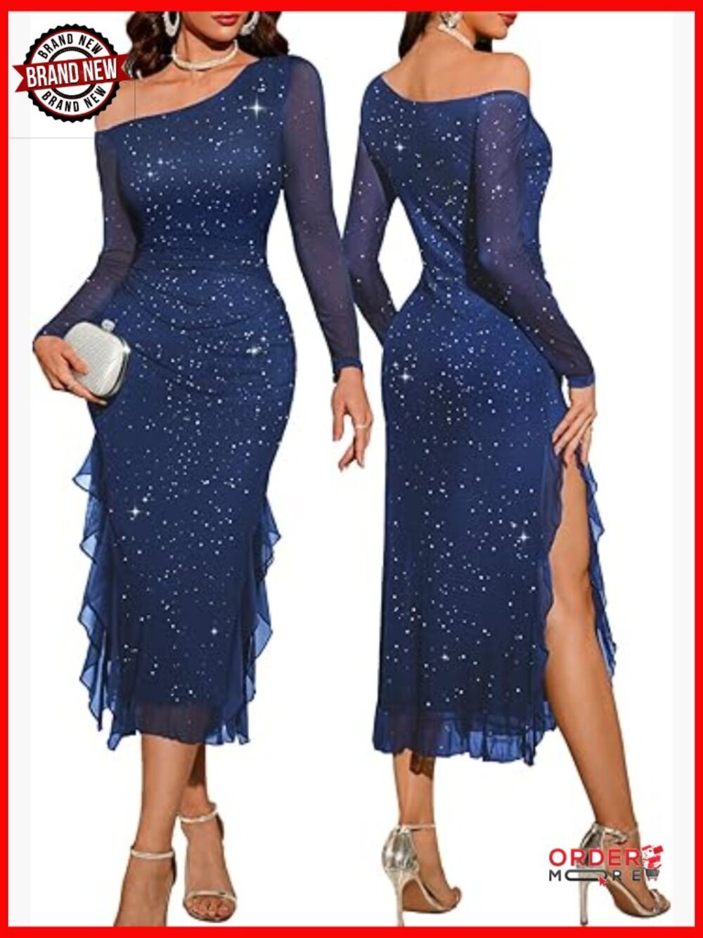 Sequin Bodycon Maxi Dress Long Sleeve Formal Party Slit